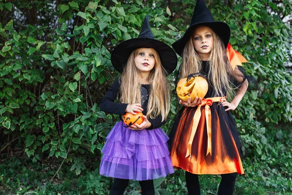 Cadılar Bayramı 'nda cadı kostümü giymiş küçük kızlar şeker toplamaya çıktı. — Stok fotoğraf
