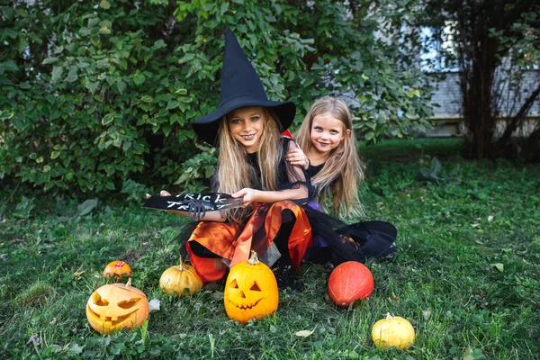 Šťastný Halloween. Dvě zábavné děti v čarodějnických oblecích a s dýněmi sedí venku — Stock fotografie