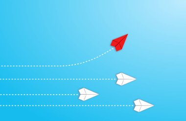 Farklı bir kavram düşün. Kırmızı uçak yön değiştiriyor. Yeni fikir, değişim, eğilim, cesaret, yaratıcı çözüm, yenilik ve benzersiz yol kavramı. 