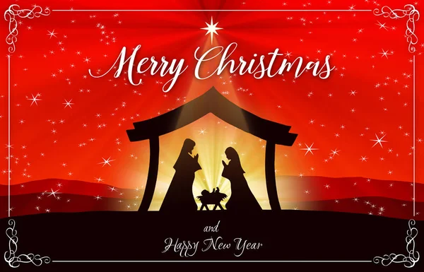 Red Merry Christmas Greeting Card Background Nativity Scene — Stock Photo, Image