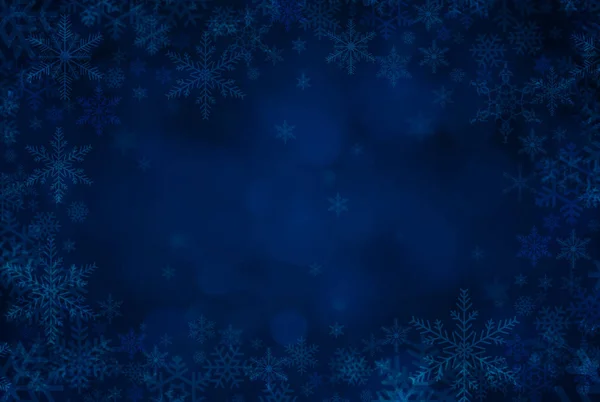 Sfondo Cartolina Natale Blu Con Decorazioni Fiocchi Neve — Foto Stock