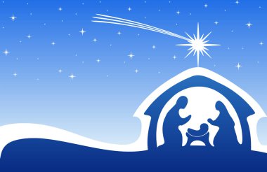 Mavi Noel tebrik kartı arkaplanı ve İsa 'nın Doğumu sahnesi