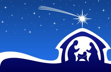 Mavi Noel tebrik kartı arkaplanı ve İsa 'nın Doğumu sahnesi