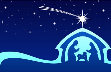 Mavi Noel tebrik kartı arkaplanı ve İsa 'nın Doğumu sahnesi
