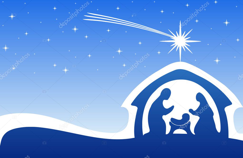 Blue Christmas greeting card background with Nativity scene