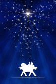 Modré vánoční Narození scény karty pozadí, s bílými siluetami na modré hvězdné obloze v noci.
