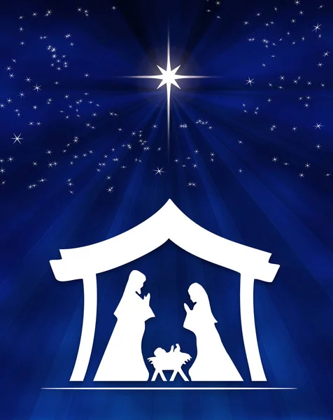 Modré Vánoční Narození Scény Karty Pozadí Bílými Siluetami Modré Hvězdné — Stock fotografie
