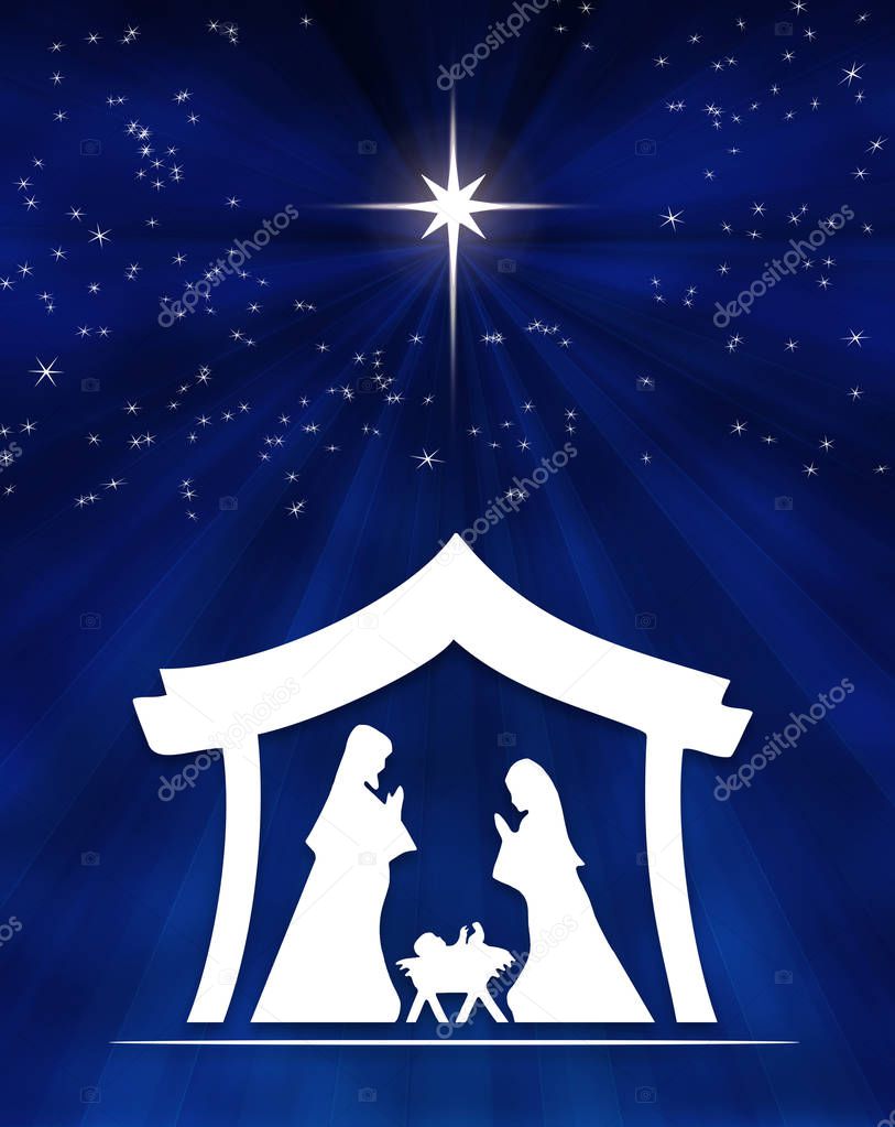 Blue Christmas Nativity scene card background, with white silhouettes on blue starry sky at night.