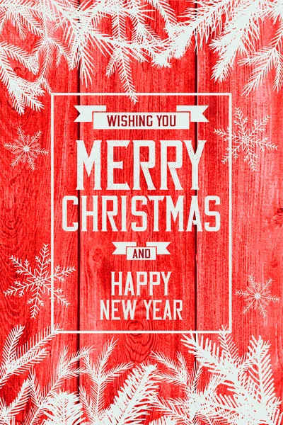 Carte Rouge Joyeux Noël Avec Sempervirent Flocons Neige Sur Fond — Image vectorielle