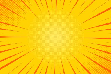 Sarı çizgi romanlar arka planda yarım tonlu ışınlar oluşturuyor. Vektör arkaplan illüstrasyonu.
