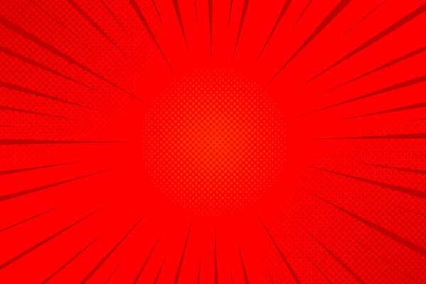 red comics rays background with halftones. Vector backdrop illustration.
