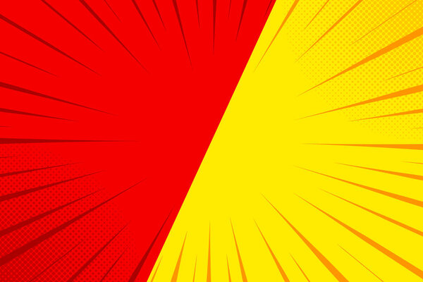 Red and yellow comics rays background with halftones. Vector backdrop illustration.