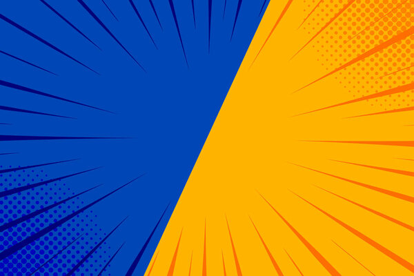 Blue and yellow comics rays background with halftones. Vector backdrop illustration.