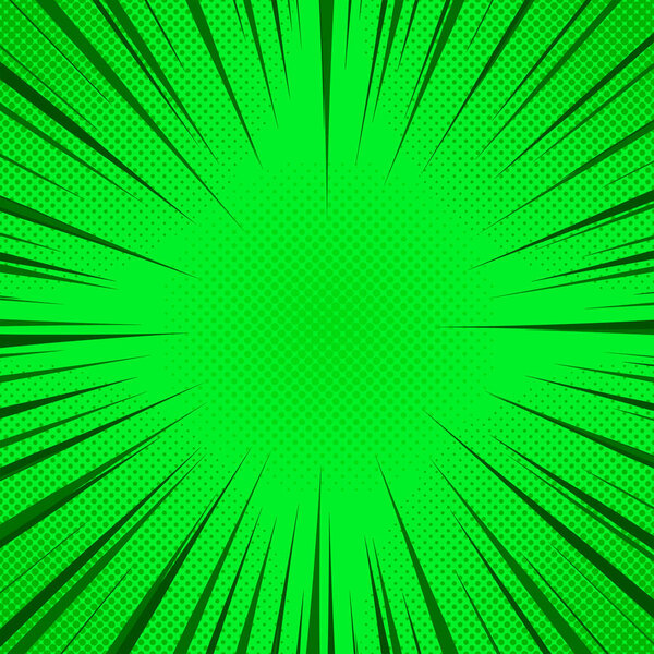 green comics rays background with halftones. Vector backdrop illustration.