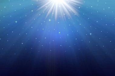 Mavi kış arka planında mavi gökyüzünde ışık ve kar taneleri