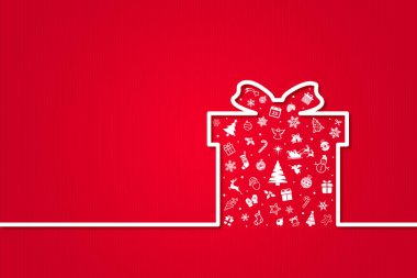 Noel hediyesi tebrik kartı. Tebrik mesajı ve beyaz Noel hediye kutusu ana hatlarıyla dolu Noel ve kış süslemeleri kırmızı arka planda. 