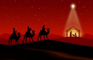 Kırmızı Noel İsa 'nın Doğumu Sahnesi kırmızı arka planda