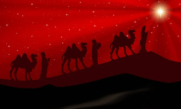 Fondo Rojo Navidad Con Tres Reyes Magos Desierto — Foto de Stock