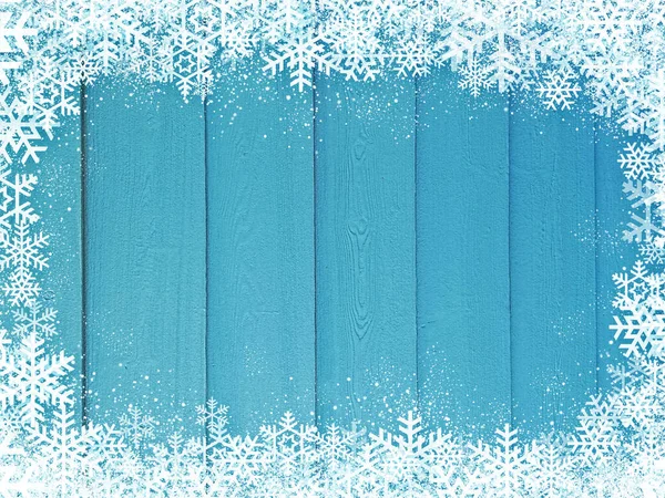 Fondo Azul Navidad Invierno Con Copos Nieve Madera —  Fotos de Stock