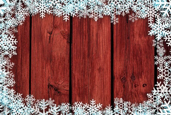 Rosso Natale Sfondo Invernale Con Fiocchi Neve Legno — Foto Stock
