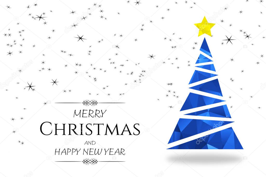 Blue Christmas tree greeting card. A stylized Christmas tree blue low-poly patterned on white background with greeting text and stars.