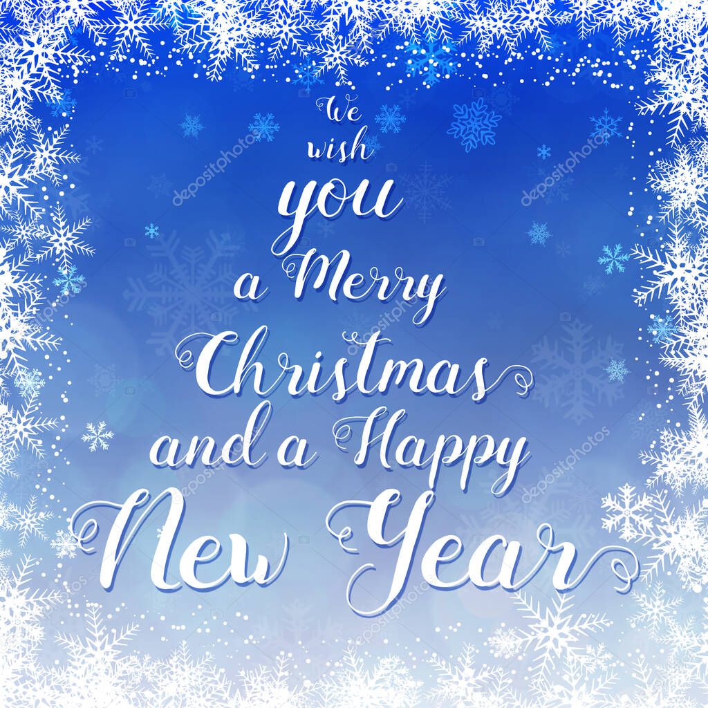Christmas greeting card with decorative text on blue background