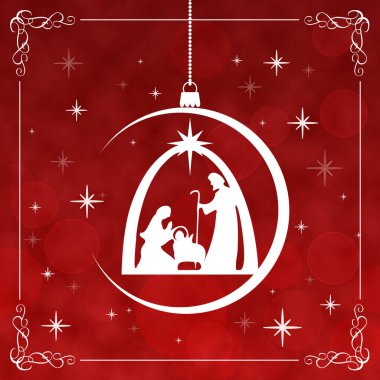 Christmas greeting card with white Nativity Scene in a ball on red background clipart