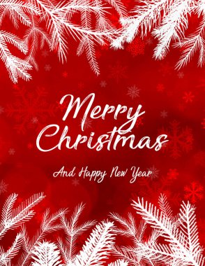 Mutlu Noeller, kırmızı arka plan, köknar dalları ve kar taneleriyle dolu.