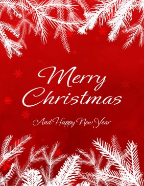 Mutlu Noeller, kırmızı arka plan, köknar dalları ve kar taneleriyle dolu.