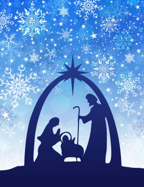 Mavi arka planda İsa 'nın doğumu sahnesi olan Noel tebrik kartı arkaplanı