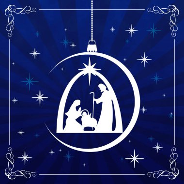 Mavi zemin üzerinde beyaz İsa 'nın doğumu sahnesi olan bir Noel tebrik kartı.