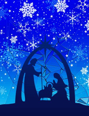 Mavi arka planda İsa 'nın doğumu sahnesi olan Noel tebrik kartı arkaplanı