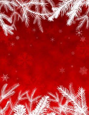 Kızıl Noel kış arkaplanı köknar dalları ve kar taneleriyle