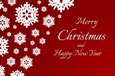 Kırmızı arka planda, kar taneli mutlu Noeller.