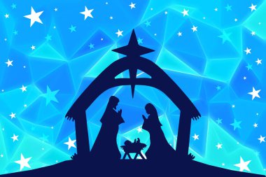 Mavi arka planda İsa 'nın doğumu sahnesi olan mutlu noel tebrik kartı