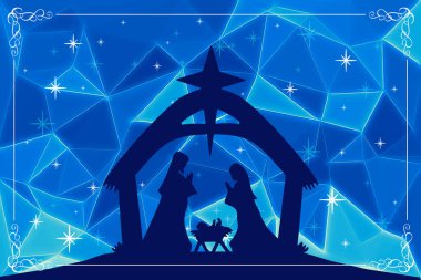 Mavi arka planda İsa 'nın doğumu sahnesi olan mutlu noel tebrik kartı