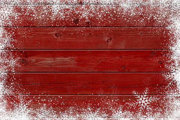 Fondo Rojo Invierno Navidad Con Copos Nieve Madera —  Fotos de Stock