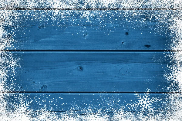 Fundo Inverno Natal Azul Com Flocos Neve Madeira — Fotografia de Stock