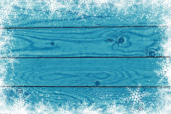 Fondo Azul Navidad Invierno Con Copos Nieve Madera —  Fotos de Stock