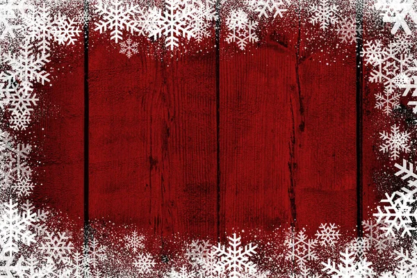 Röd Jul Vinter Bakgrund Med Snöflingor Trä — Stockfoto