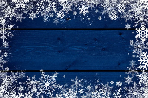 Blå Jul Vinter Bakgrund Med Snöflingor Trä — Stockfoto