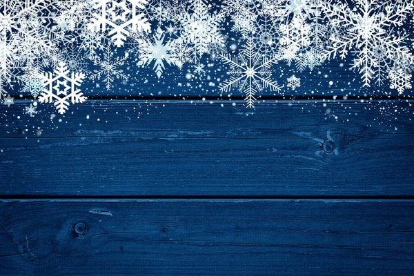 Fundo Inverno Natal Azul Com Flocos Neve Madeira — Fotografia de Stock