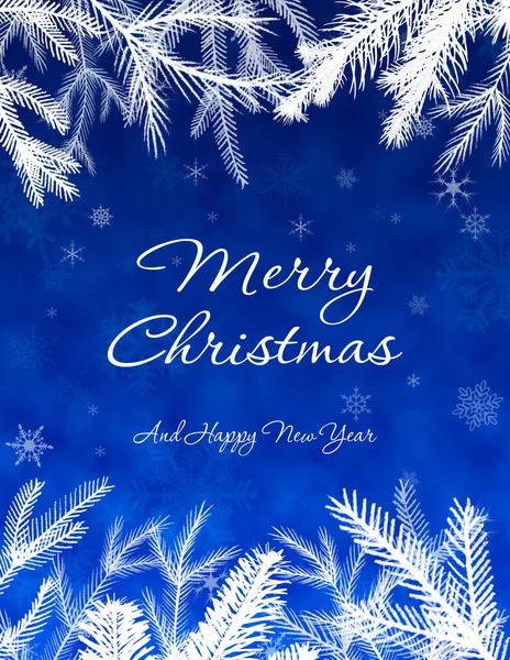 Joyeux Noël Carte Voeux Fond Bleu Avec Branches Sapin Flocons — Photo