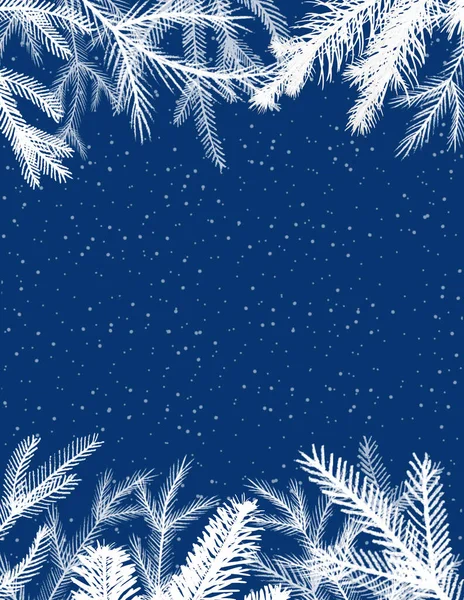 Fond Bleu Noël Cadre Hiver Avec Branches Sapin Flocons Neige — Photo