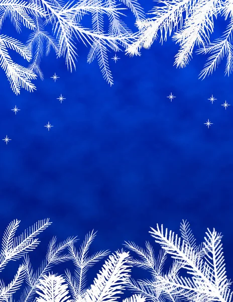 Μπλε Χριστούγεννα Φόντο Χειμερινό Πλαίσιο Κλαδιά Ελάτης Και Νιφάδες Χιονιού — Φωτογραφία Αρχείου