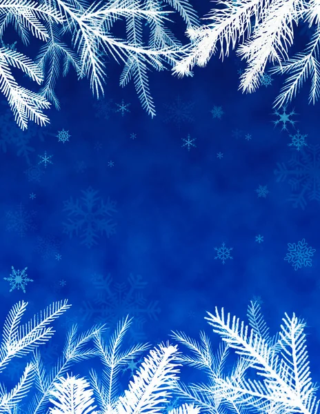 Μπλε Χριστούγεννα Φόντο Χειμερινό Πλαίσιο Κλαδιά Ελάτης Και Νιφάδες Χιονιού — Φωτογραφία Αρχείου