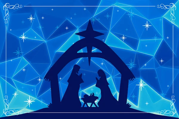 Mavi Arka Planda Nın Doğumu Sahnesi Olan Mutlu Noel Tebrik — Stok fotoğraf