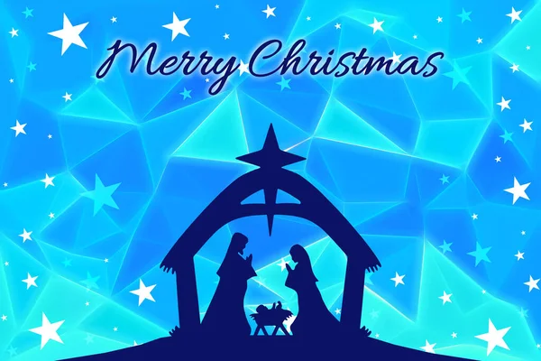 Merry Christmas Greeting Card Nativity Scene Blue Background — Stock Photo, Image