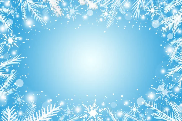 モミの枝や雪の結晶と青いクリスマスの冬のフレームの背景 — ストック写真