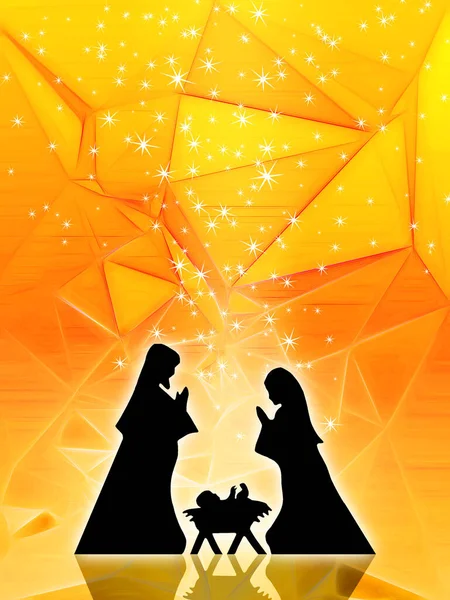 黄低多星背景下的圣诞降生场景 — 图库照片